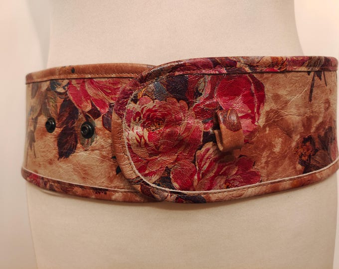 Extra Wide Real Leather Vintage 80's Flower Pattern Belt by Etui London Made in England