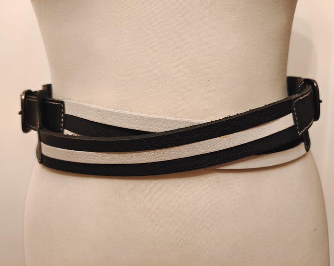 Extra Long Wide Black & White Real Leather Belt by EXPRESSO