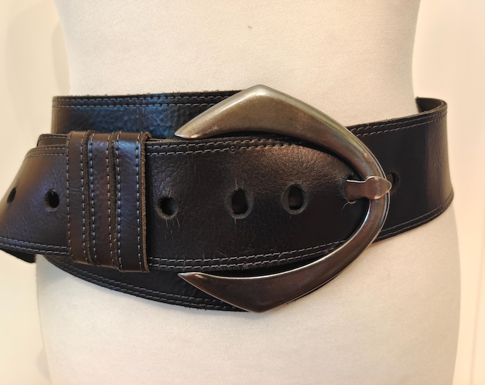 Vintage Wide Black Real Leather Belt With Big Silver Metal Buckle by Bernd Gotz