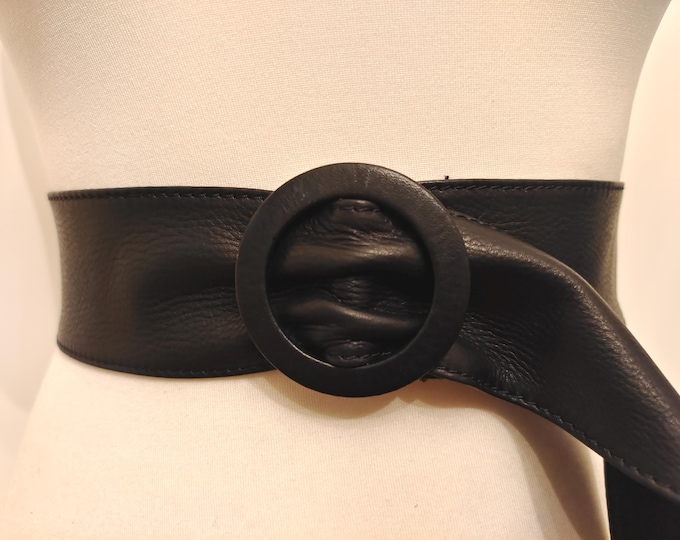 90's Vintage Wide Black Real Leather Adjustable Belt by Kind Made In Spain