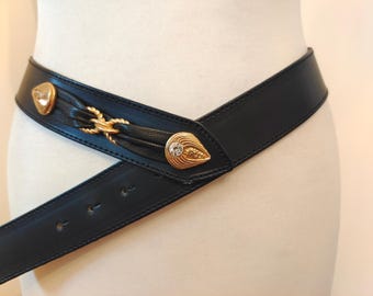 80's Vintage Black Real Leather Belt With Golden Buckle