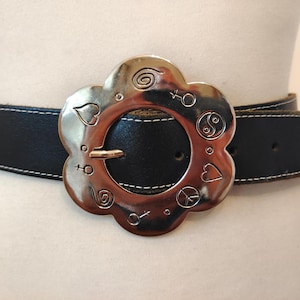 90&#39;s Vintage Black Real Leather Belt With Silver Metal Buckle Made in France