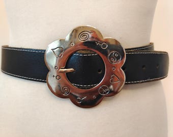 90's Vintage Black Real Leather Belt With Silver Metal Buckle Made in France