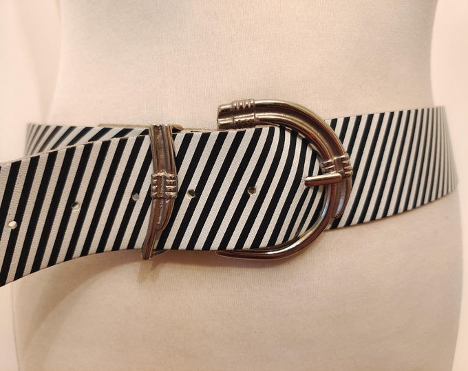 80's Vintage Black & White Real Leather Belt