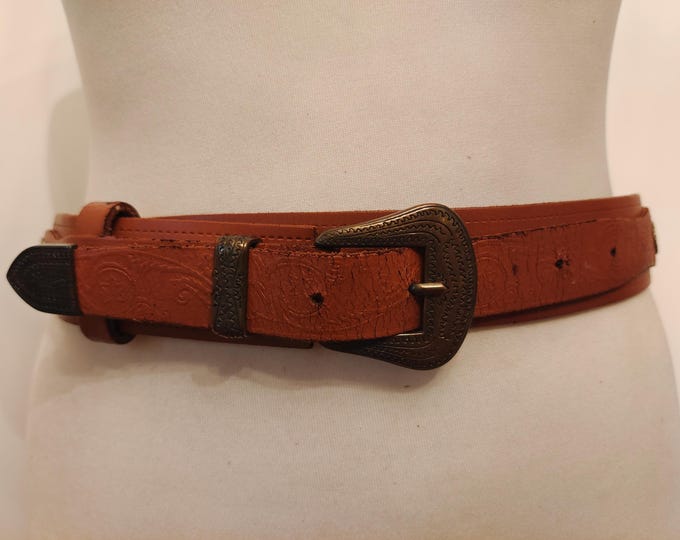 Vintage 80's Brown Real Leather Embossed Belt Made in England