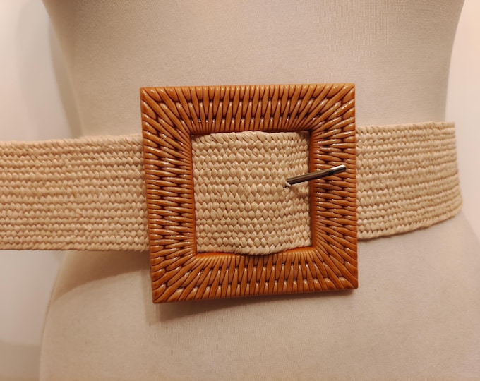 Elastic Adjustable Vegan Beige Belt With Big Buckle