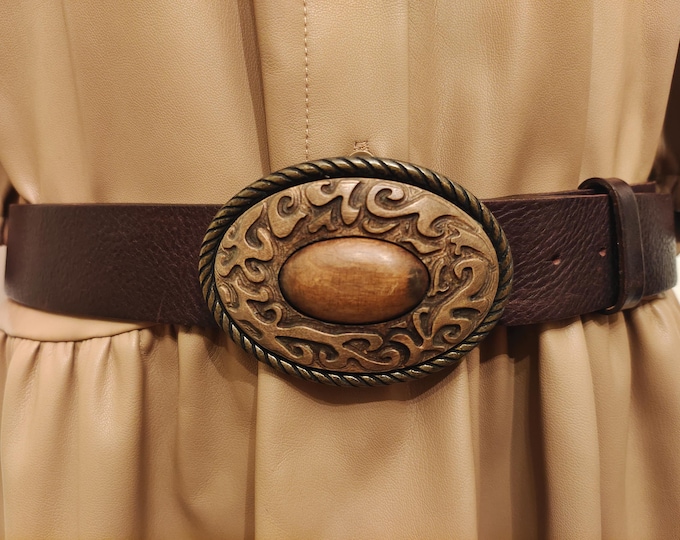 90's Vintage Brown Real Leather Belt With Wooden Buckle Made in France