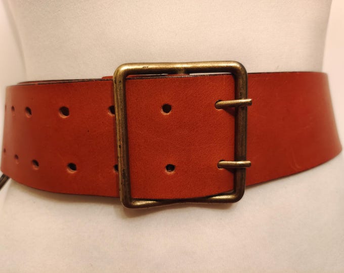 Wide Brown Real Leather Double Prong Belt by Karl Lagerfeld