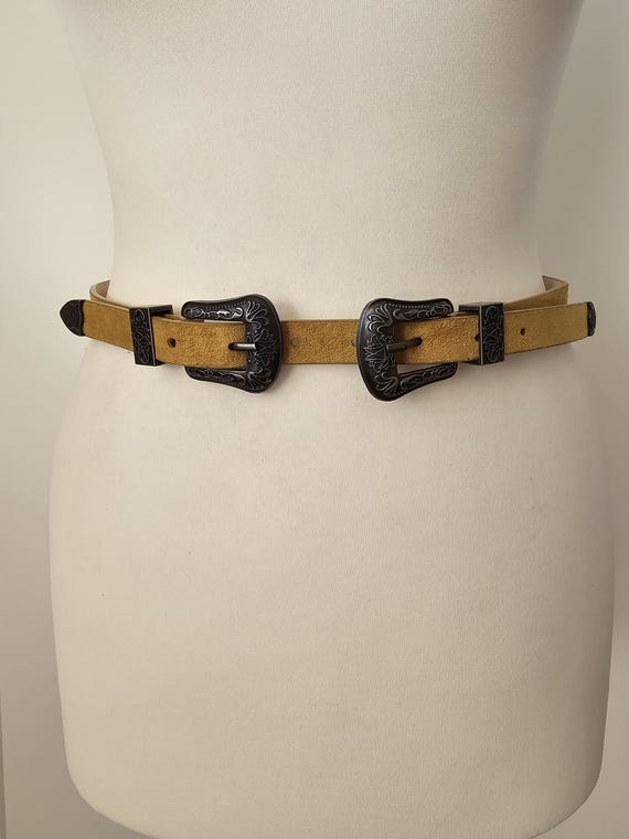 Vintage-Inspired Double Oval Buckle Belt in Mustard Yellow Mustard Yellow Belt With Double Metal Buckle - Etsy main image 2