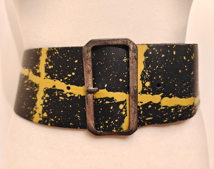 Wide Black & Yellow Real Leather Belt by Giulia S