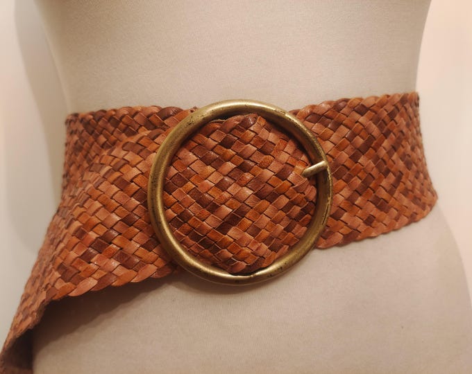 90's Vintage Wide Woven Brown Real Leather Adjustable Belt With Round Metal Buckle