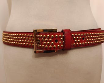 80's Vintage Real Leather Studded Ginger Brown Belt by Adolf Made in West Germany