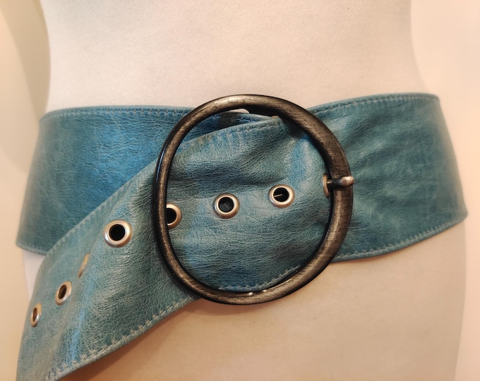 90's Vintage Blue Real Leather Belt With Ring Buckle Made in France