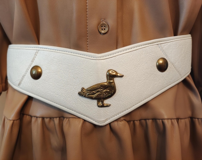 80's Vintage Wide White Real Leather Belt With Ducks Buckle