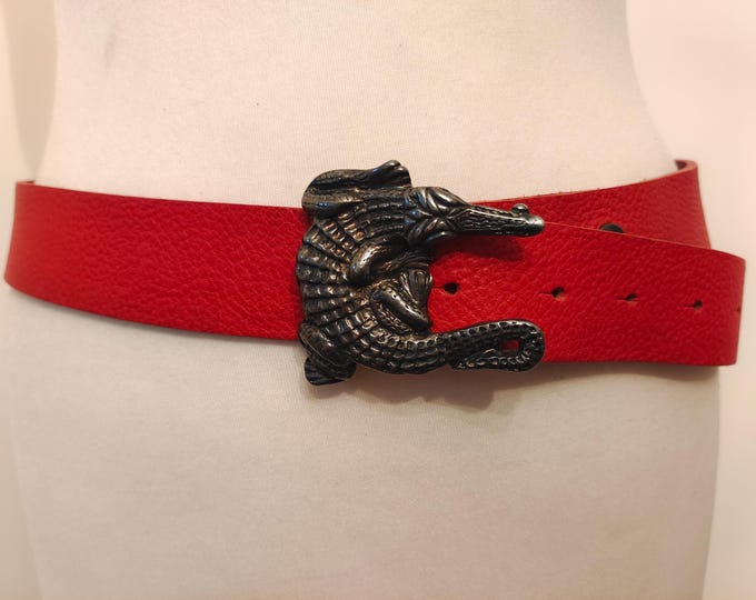 Red Real Leather Belt With Metal Crocodile Buckle by Huftgold Made in Italy
