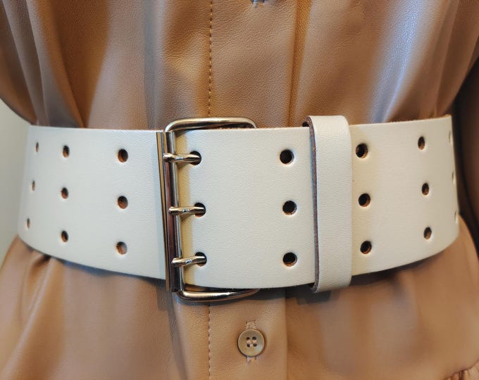 90's Vintage Wide Creme Leather Belt Made in France