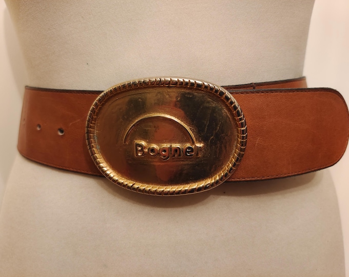 Wide Brown Real Leather Vintage 80's Belt With Heavy Golden Buckle by BOGNER