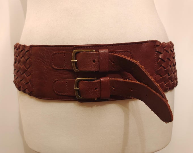 Extra Wide Brown Woven Real Leather Belt by NEXT Made in Turkey