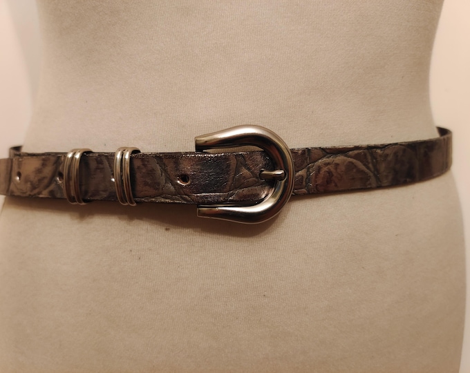80's Vintage Silver Real Leather Belt With Silver Metal Buckle