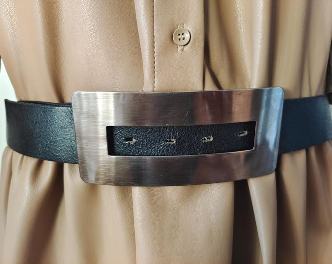 Black Real Leather Belt With Big Silver Metal Buckle