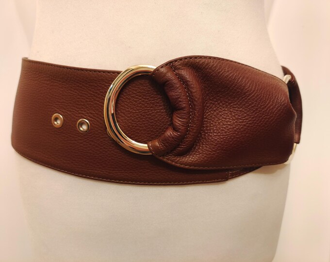 Extra Wide Brown Real Leather Belt With Golden Metal Buckle