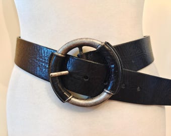 Black Leather Belt With Heavy Metal Buckle by Saddler