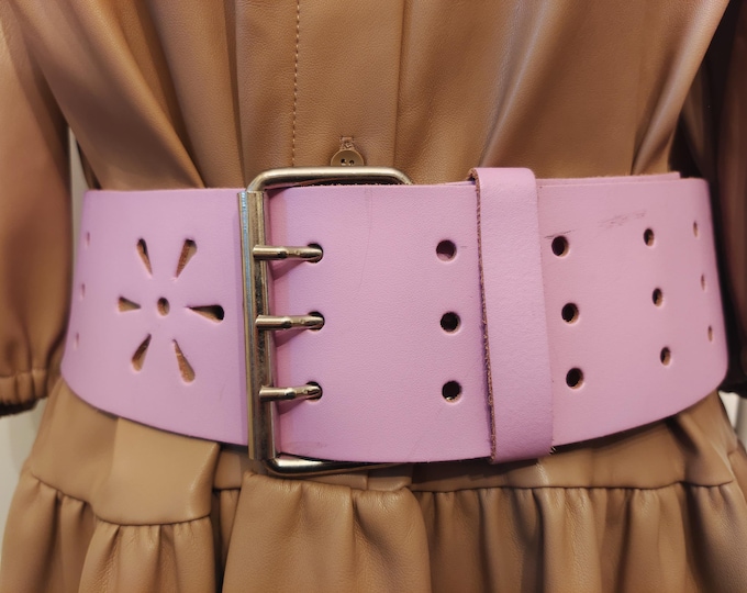 90's Vintage Wide Pink Real Leather Belt Made in France
