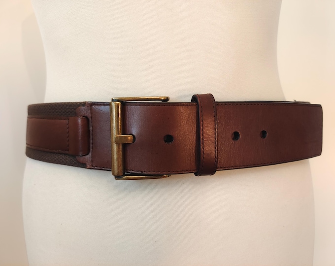 Wide Brown Fabric & Real Leather Wide Belt By Solar