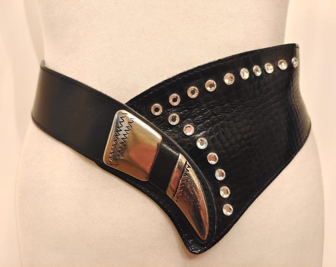 90's Vintage Black Extra Wide Real Leather Belt With Gems And Silver Metal Buckle