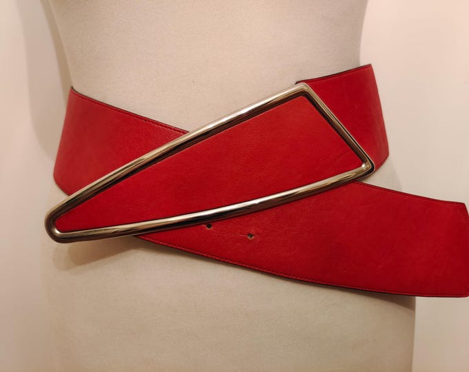 80's Vintage Wide Red Real Leather Belt With Huge Metal Buckle