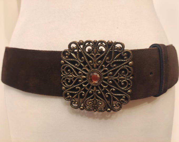 Wide 90' Vintage Brown Faux Suede Leather Belt With Big Metal Buckle Made in France