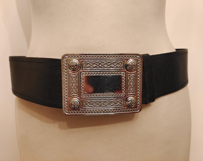 Wide Black Real Leather Belt With Big Silver Buckle By Manacraft Made in Scotland