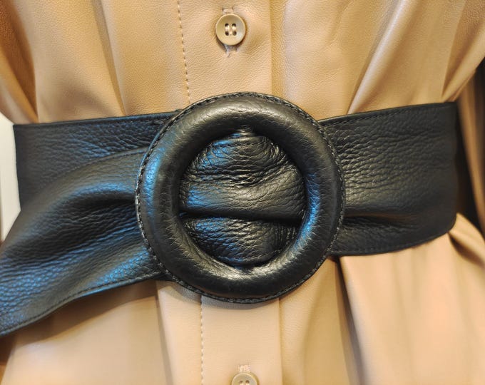 Wide Black Real Leather Adjustable Belt by Esprit