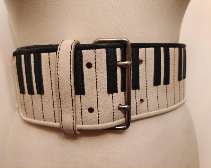 80's Vintage Wide White & Black Real Leather Piano Belt