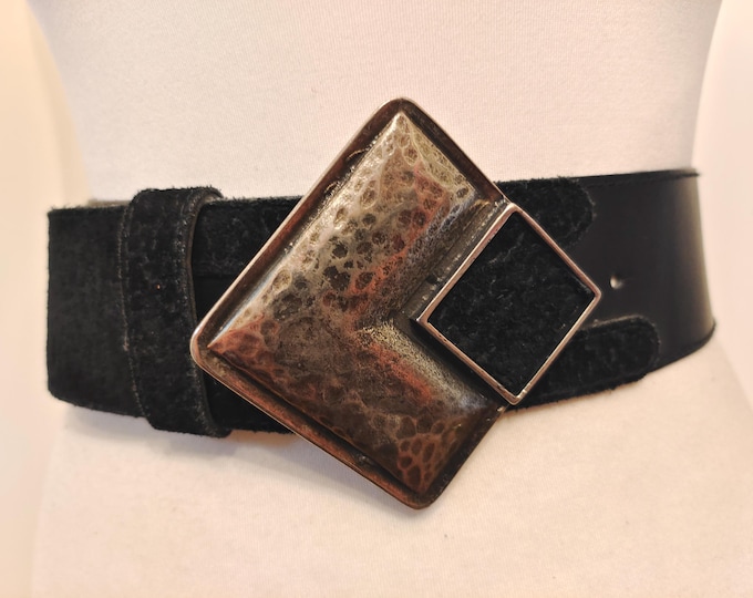 80's Vintage Wide Black Real Leather Belt With Silver Metal Buckle