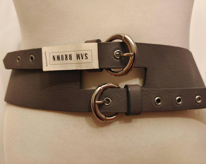 Extra Long & Wide Taupe Real Leather Belt With Two Buckles by Sam Brown