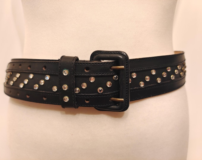 80's Vintage Black Real Leather Double Prong Gems Belt