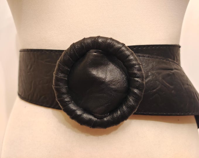Wide Black Faux Leather Adjustable Belt With Ring Buckle