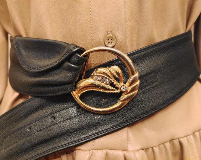 90's Vintage Wide Black Real Leather Belt With Golden Gems Buckle