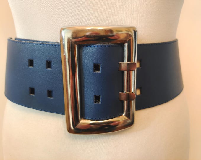 90's Vintage Wide Blue Real Leather Belt With Silver Metal Buckle by Bianca