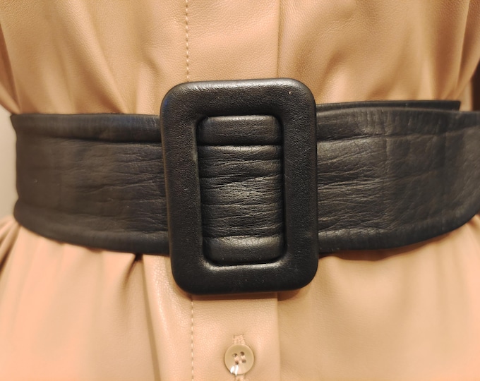 90's Vintage Wide Black Real Leather Adjustable Belt by St. Michael Made in England