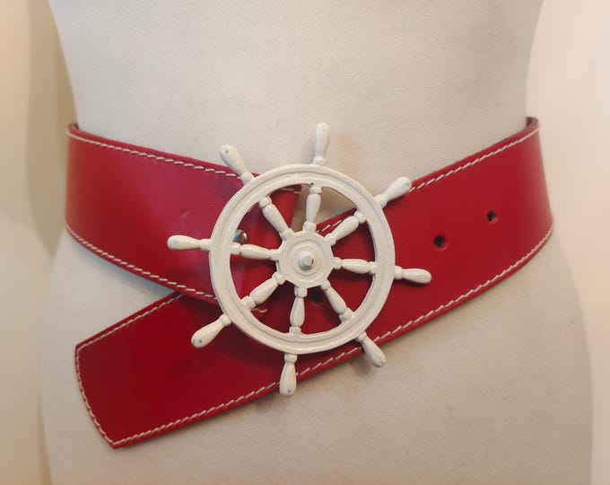 Wide Red Real Leather Belt With Metal Rudder Buckle Made in Italy