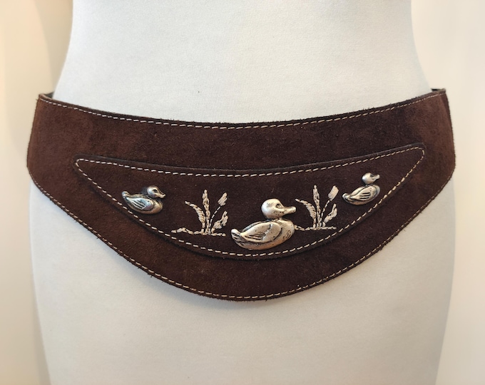 80's Vintage Wide Brown Real Suede Leather Belt With Ducks