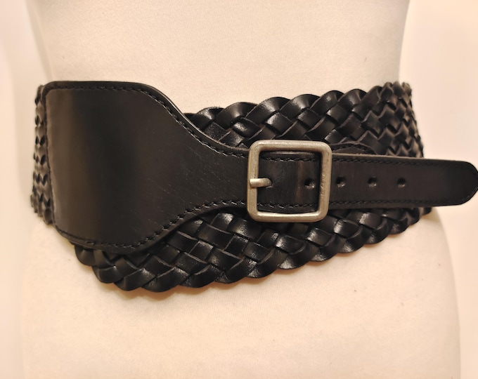 Wide Black Real Leather Woven Belt