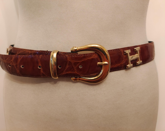 80's Vintage Brown Real Leather Belt With Golden Metal Elements