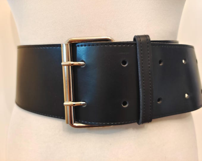 Vintage Wide Black Faux Leather Double Prong Belt Made in France