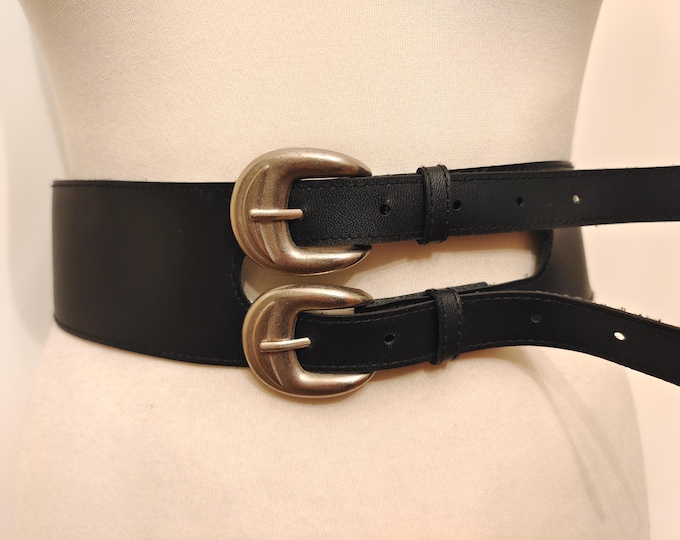 80's Vintage Wide Black Faux Leather Belt With Two Metal Buckles