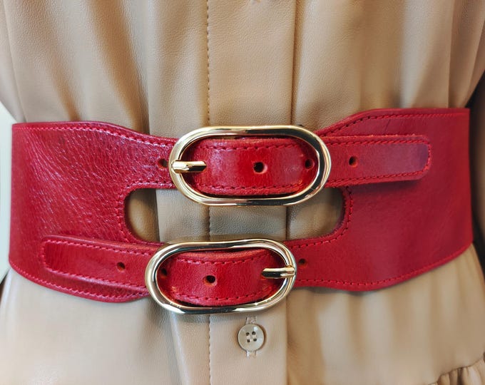 Wide Red Real Leather Belt With Golden Metal Buckle by ZARA Made in Spain