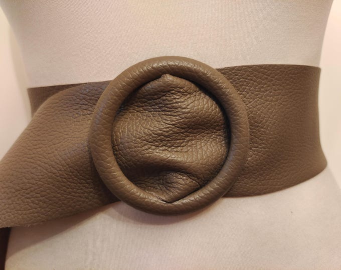 Wide Taupe Real Leather Adjustable Belt With Ring Buckle