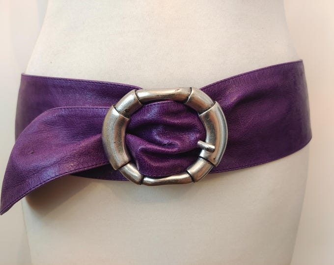 Extra Wide Real Leather Purple Belt With Silver Buckle